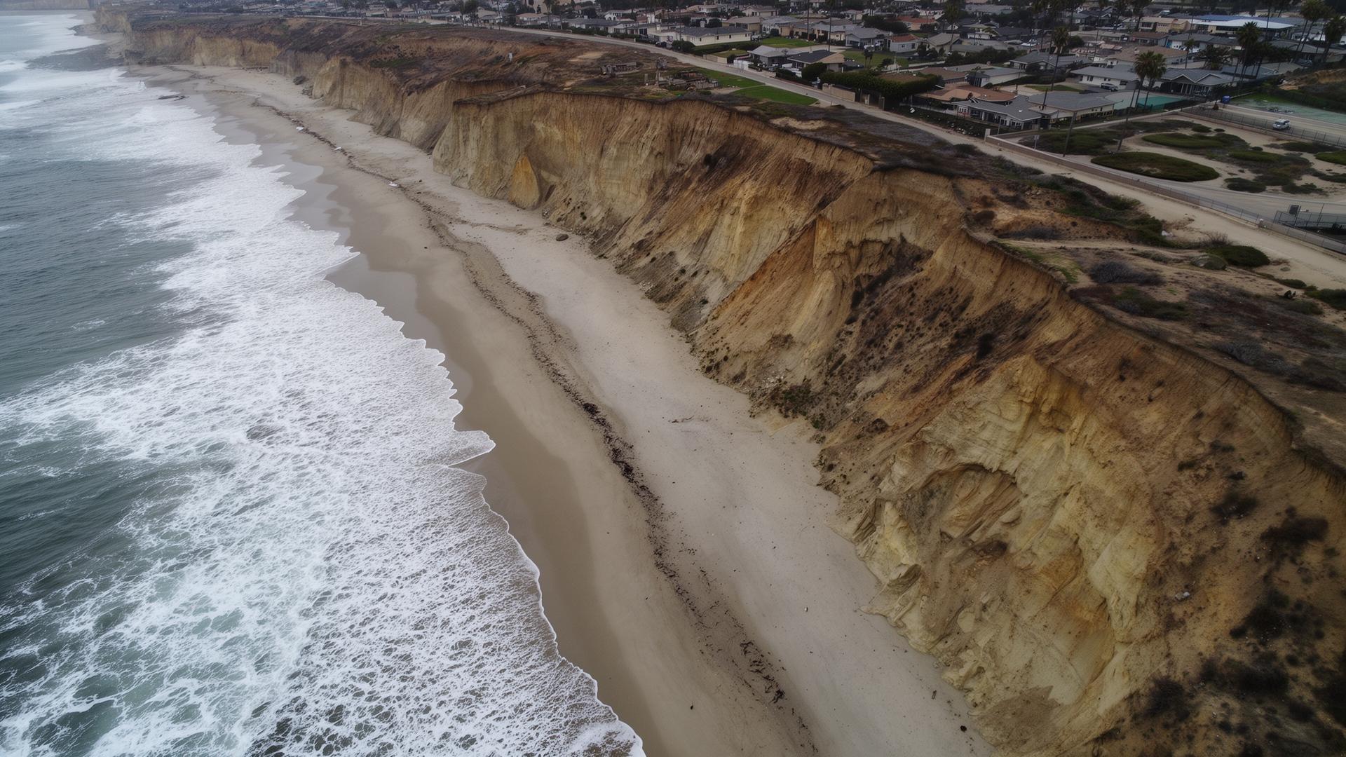 Eroded coastal cliffs and a narrowing beach