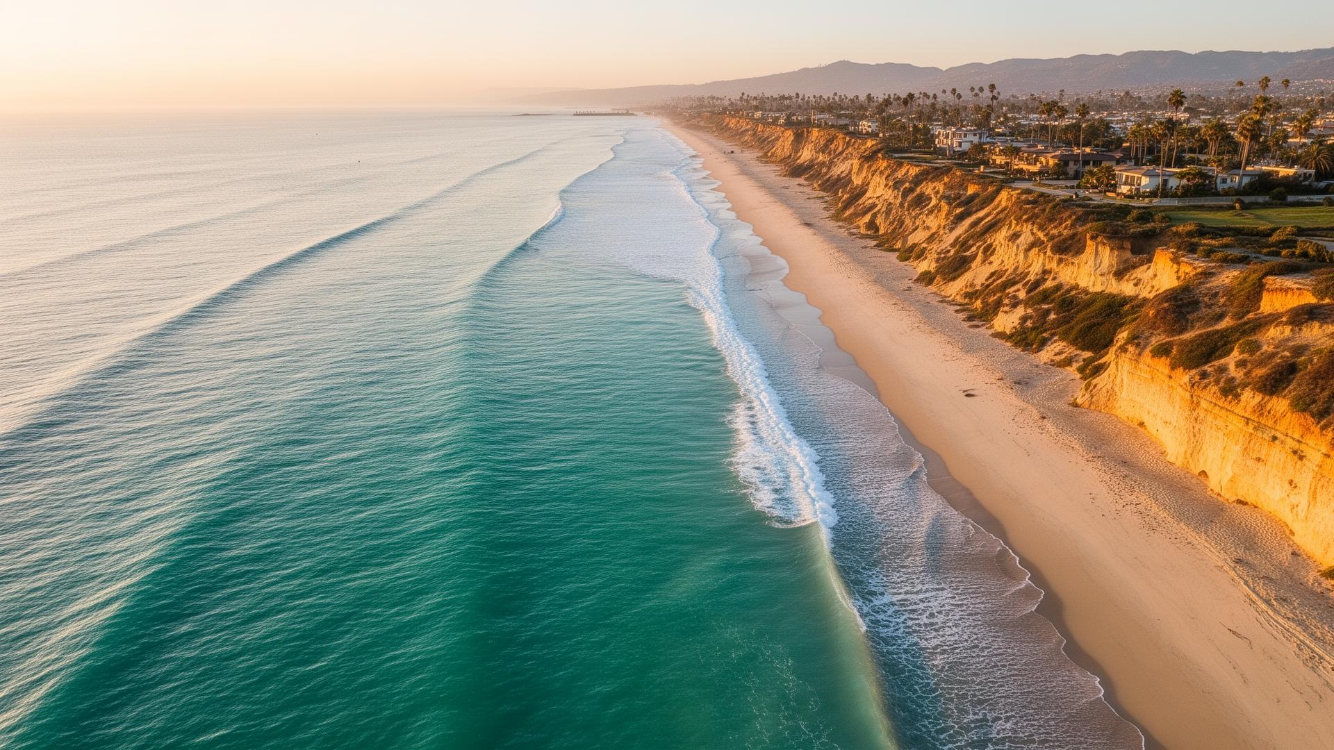 Aerial view of Encinitas coastline at golden hour